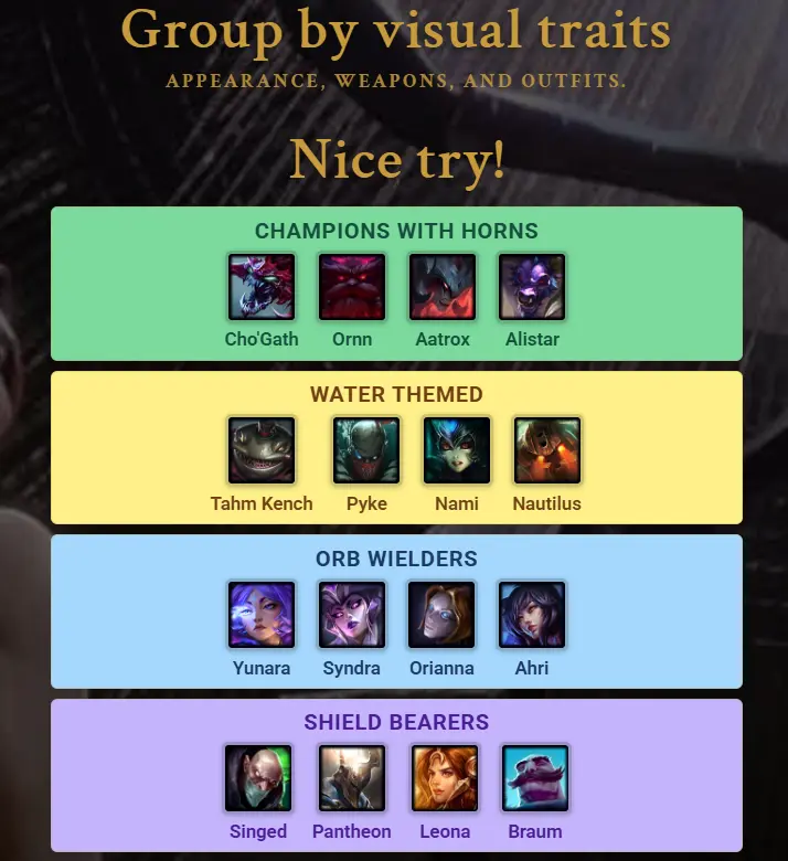 Champdle visual mode screenshot with champions grouped by appearance traits