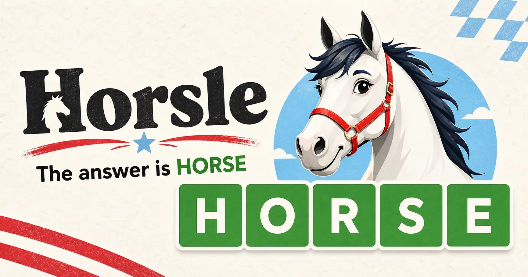 Horsle social preview with HORSE word tiles and horse game artwork