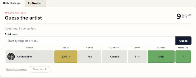 Musicdle game board showing an artist guess and feedback for debut, genre, country, rank, gender, and members